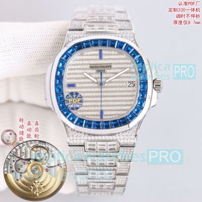 PDF Factory 1-1 Copy Full Iced Out Patek Philippe Nautilus 5719 Blue Diamond Bezel Watch 